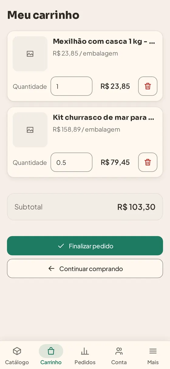 App: carrinho com ícone no lugar da foto e quantidade em campo numérico mostrando 0.5