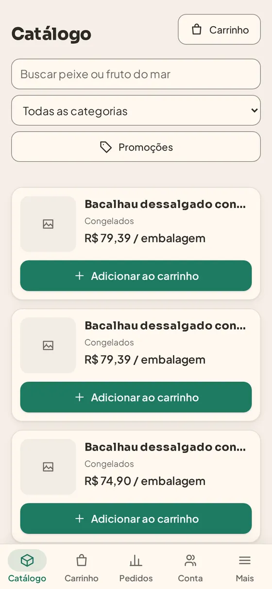 App: lista de produtos sem foto, com nome repetido e filtros em campos de formulário