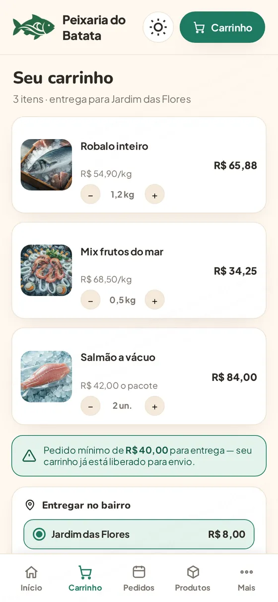 Demo: carrinho com foto, kg com botões mais e menos, aviso de pedido mínimo e escolha de bairro