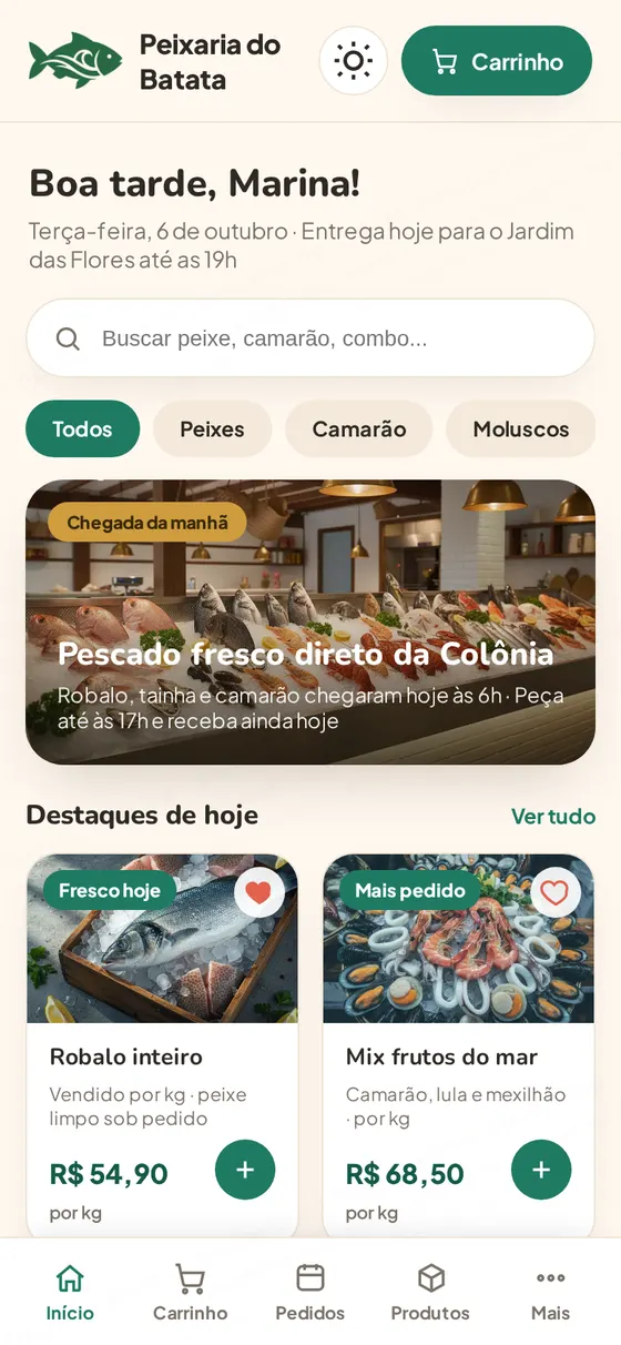 Demo: início com logo, saudação, busca, categorias, hero e cards com foto